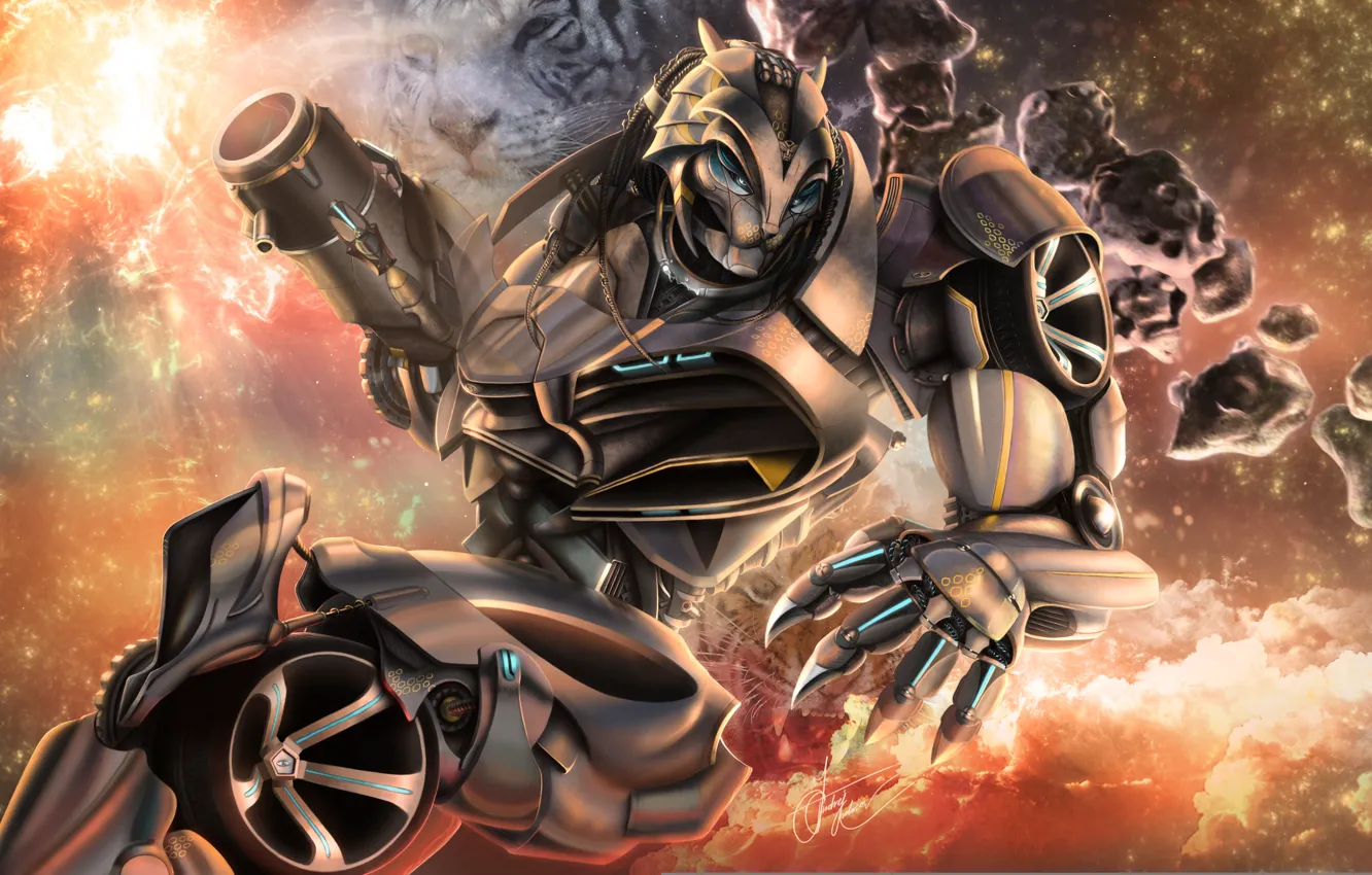 Фото обои тигр, фантастика, робот, трансформер, колесо, арт, transformer