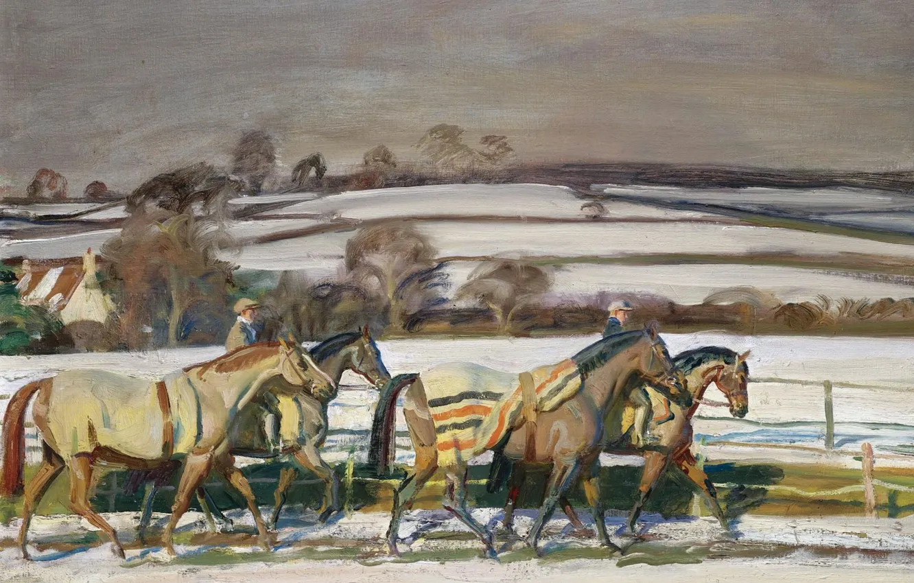 Фото обои картина, лошади, Тренировка, Альфред Джеймс Маннингс, Alfred James Munnings
