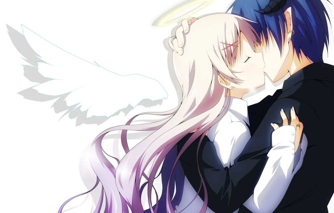 Фото обои девушка, крылья, поцелуй, ангел, аниме, демон, слезы, арт