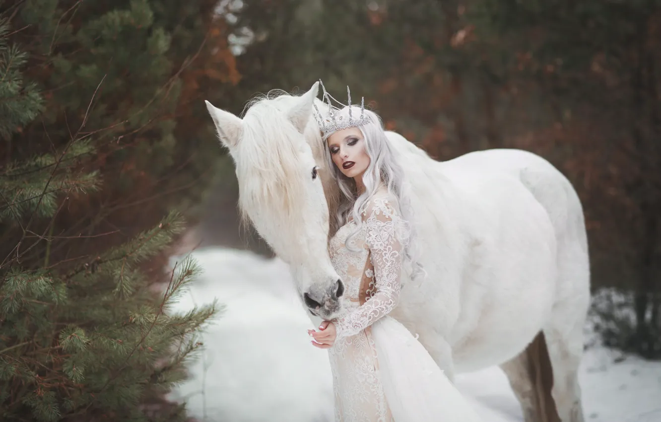 Фото обои зима, белый, девушка, снег, стиль, конь, лошадь, платье