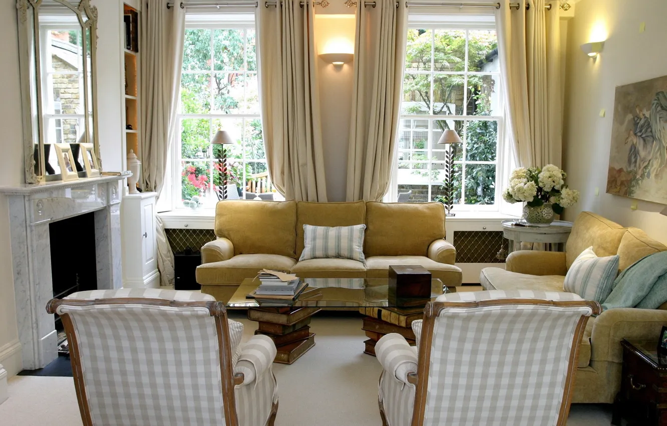 Фото обои дизайн, диван, интерьер, кресло, окно, камин