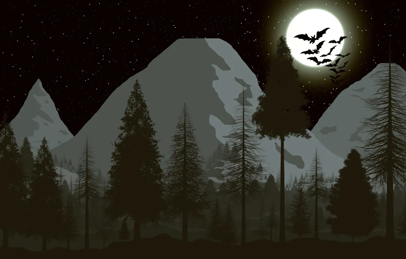 Фото обои лес, небо, звезды, горы, луна, елки, moon, летучие мыши