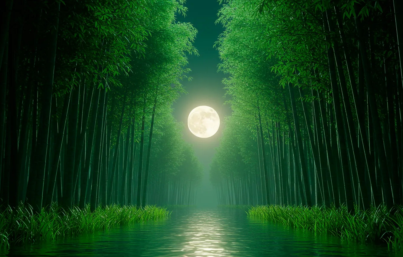 Фото обои небо, ночь, река, обои, луна, бамбук, арт, wallpaper