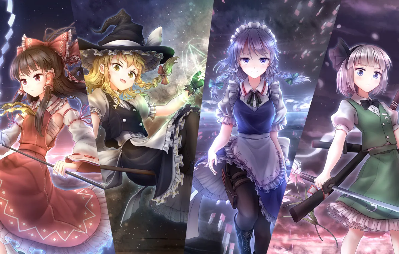 Фото обои девушки, коллаж, аниме, арт, touhou