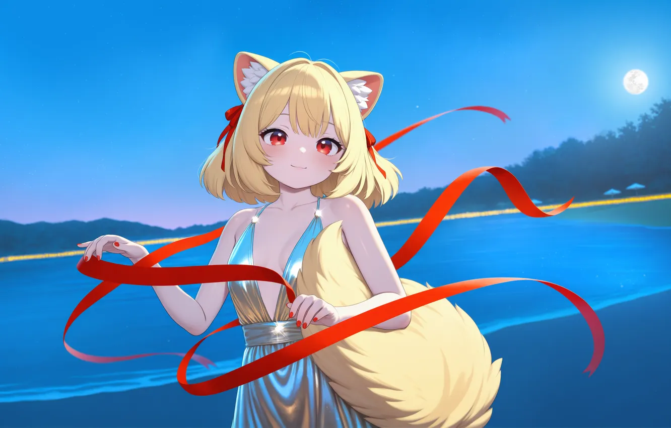 Фото обои пляж, девушка, ночь, озеро, луна, аниме, chiffon, vrchat