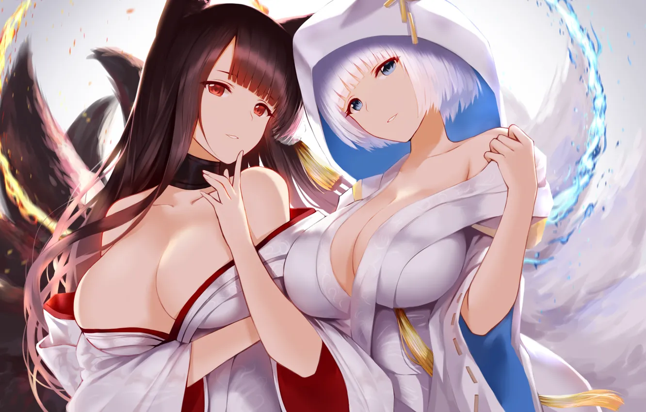 Фото обои корабли, girls, breast, tail, kaga, anime girl, akagi, Ships