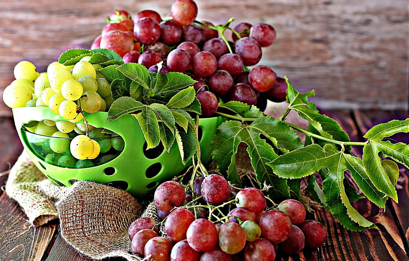Фото обои виноград, миска, фрукты, листики, leaves, grapes, fruits, bowl