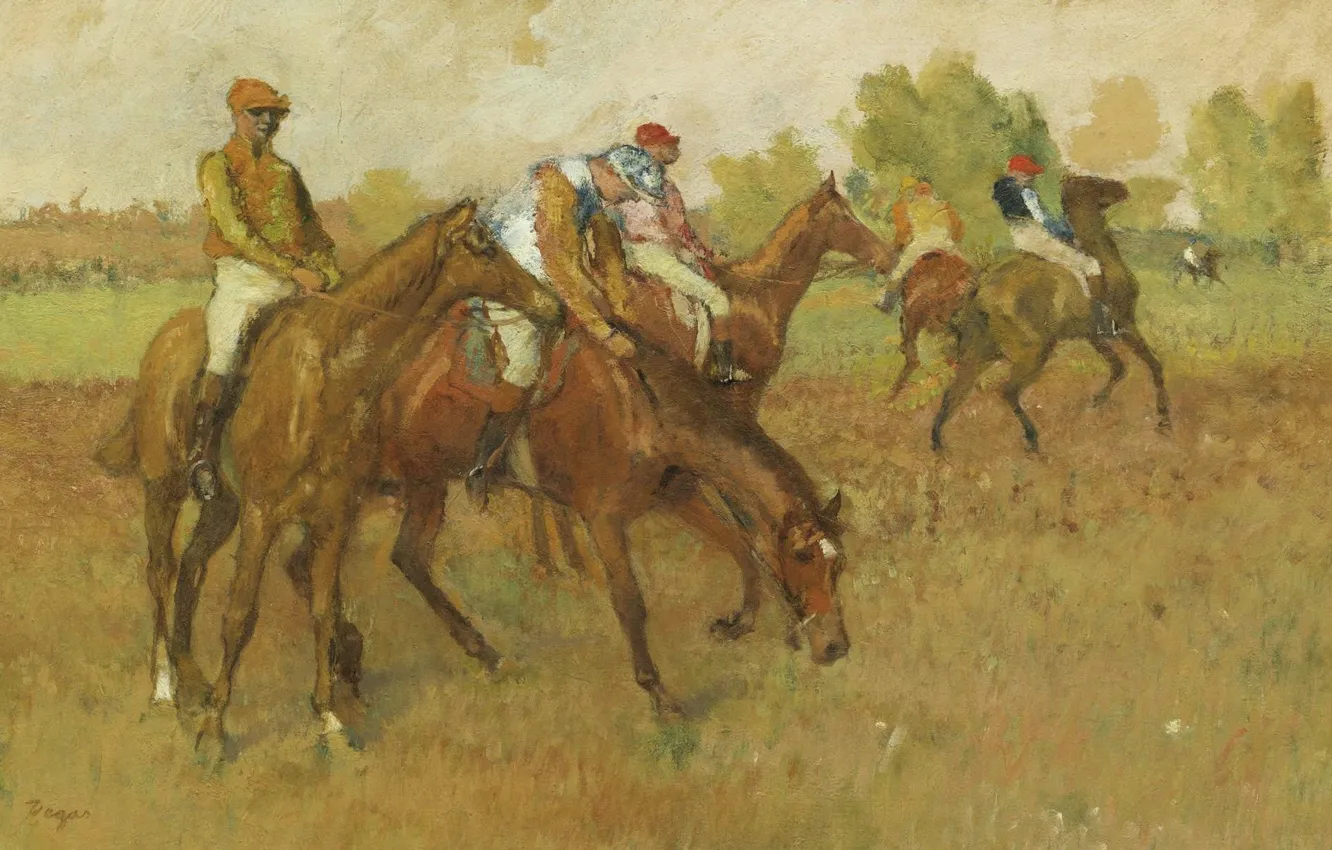 Фото обои картина, лошади, всадник, жанровая, Эдгар Дега, Edgar Degas, Перед Забегом