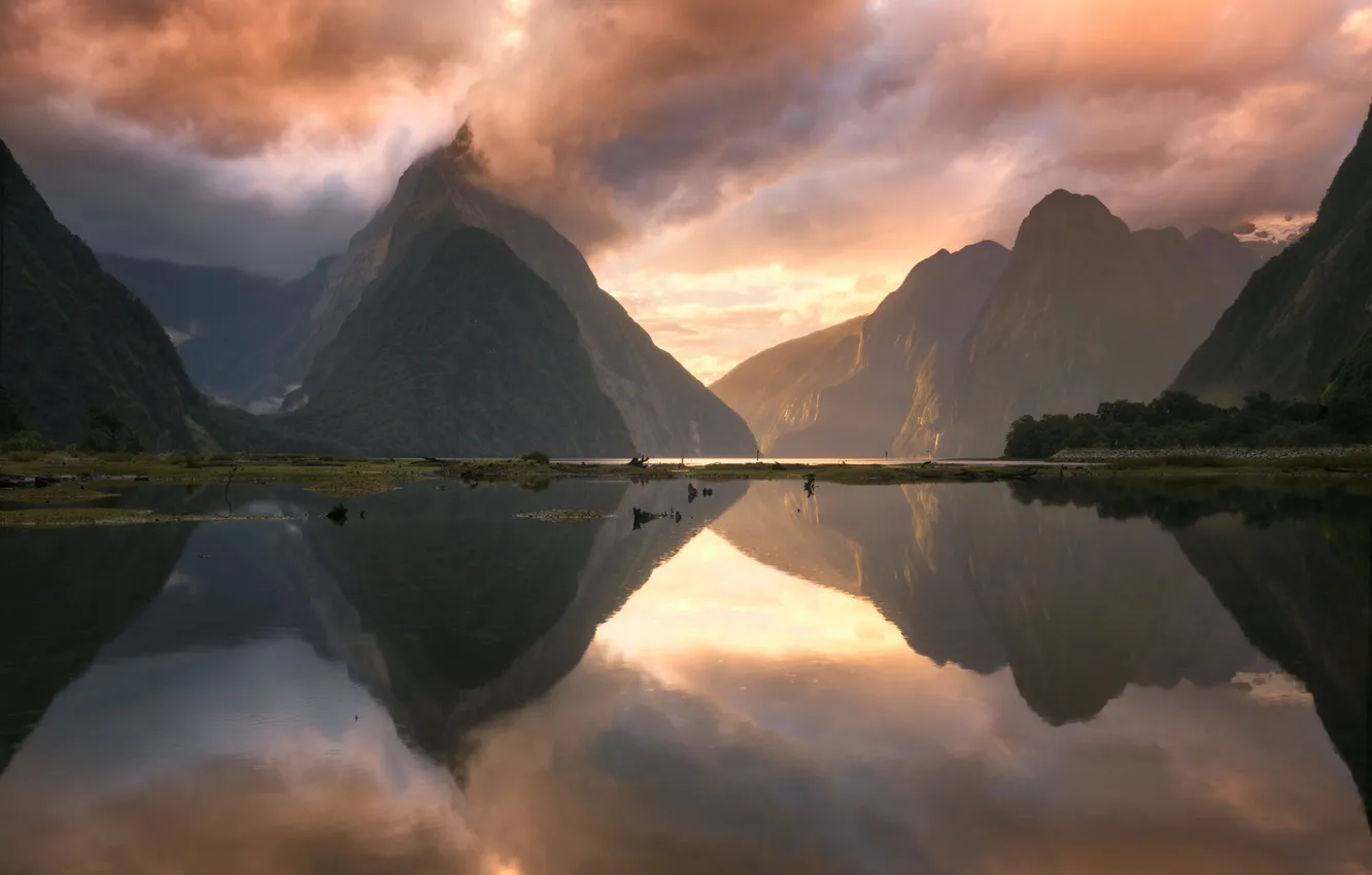 Фото обои горы, бухта, Новая Зеландия, фьорд, Милфорд-Саунд, Милфорд
