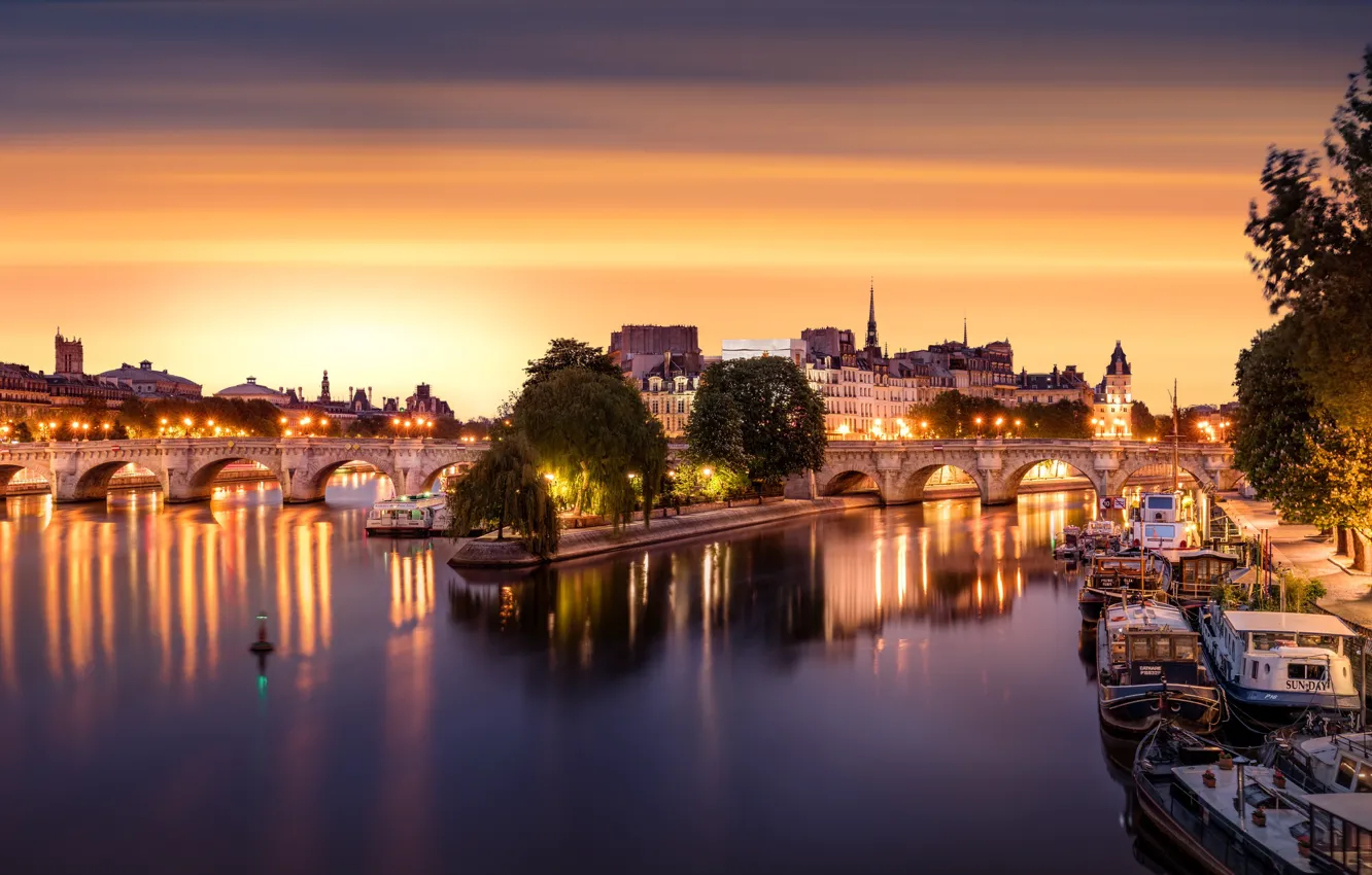 Фото обои город, огни, Франция, Париж, вечер, столица, река Сена