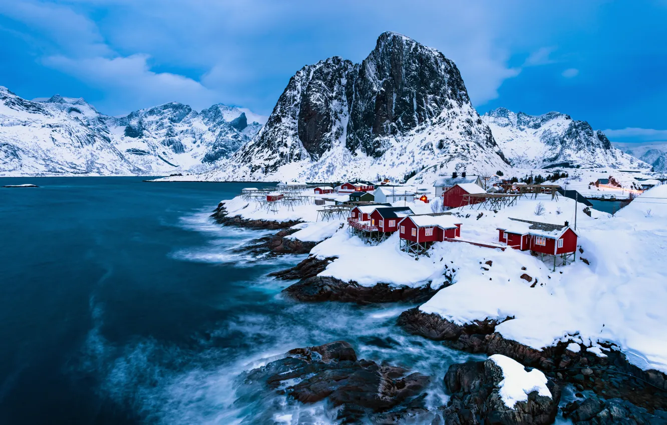 Фото обои зима, снег, горы, дома, деревня, Норвегия, Norway, фьорд