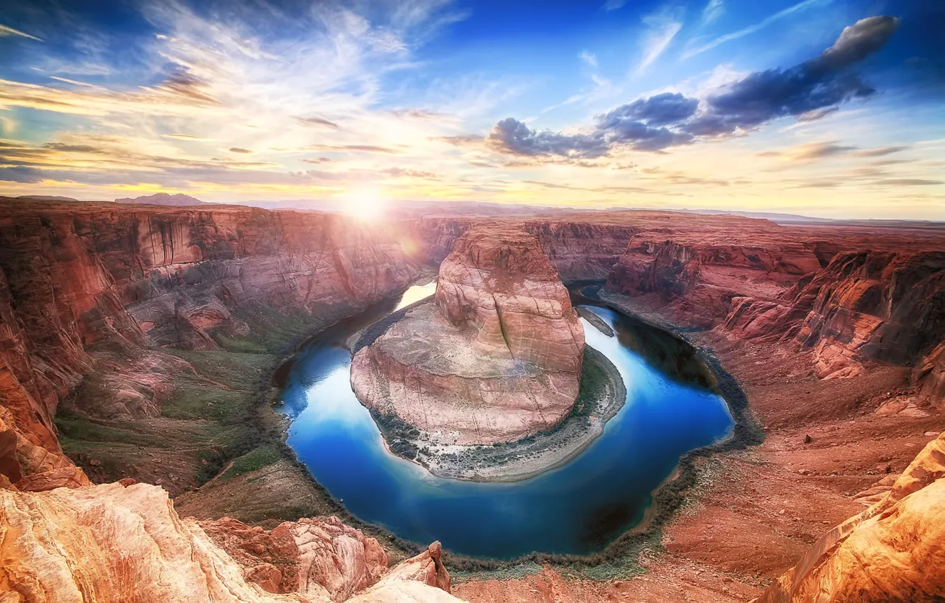 Фото обои солнце, природа, рассвет, каньон, река Колорадо, Подкова, Horseshoe Bend, река Подкова