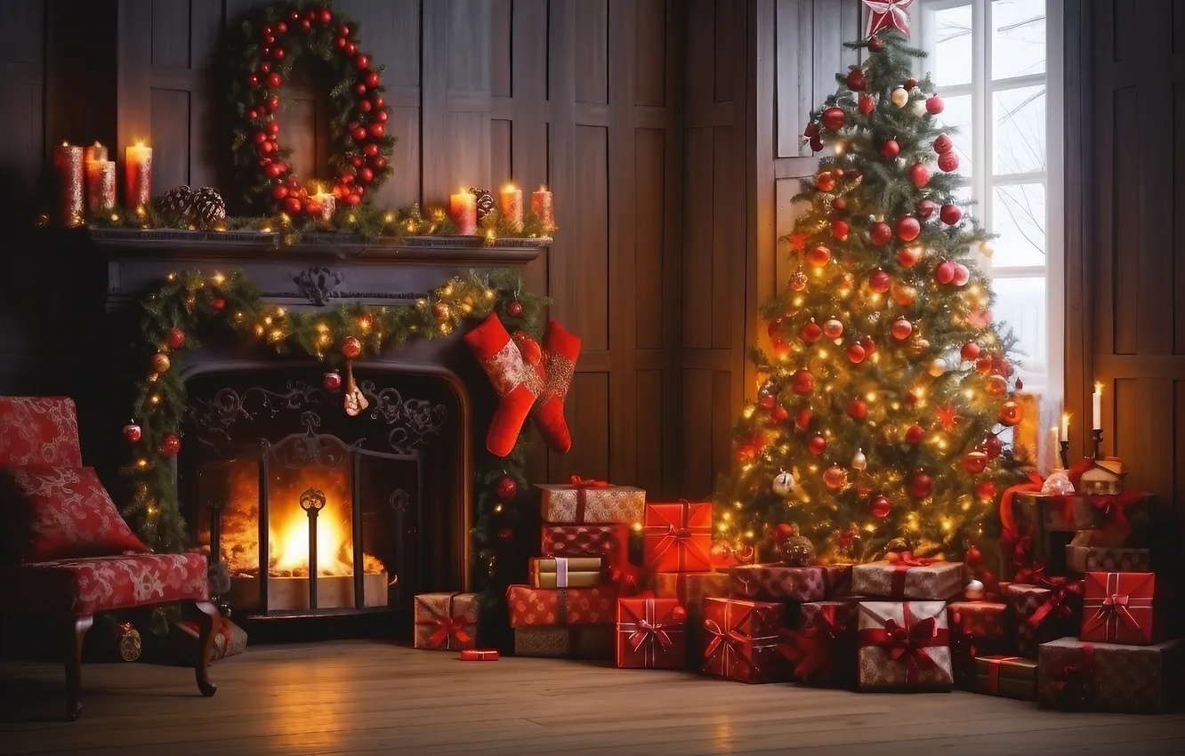 Фото обои комната, елка, интерьер, Рождество, Новый год, камин, Christmas, view