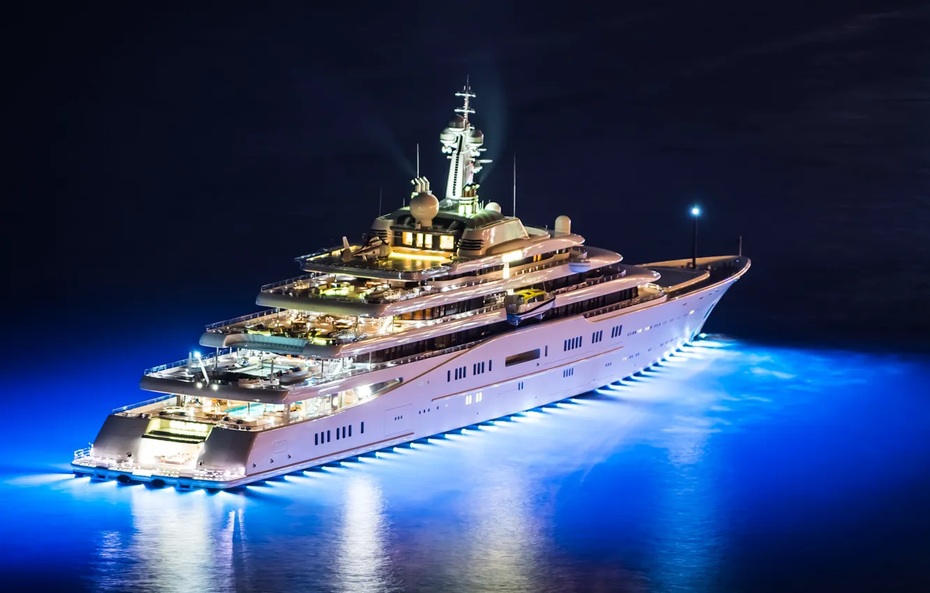 Фото обои ночь, огни, вертолет, Eclipse, night, yachts, Eclips, супер яхта