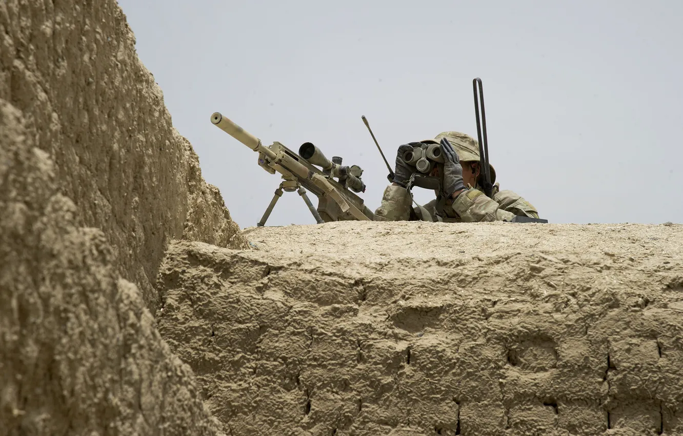 Фото обои солдат, винтовка, наблюдение, снайперская