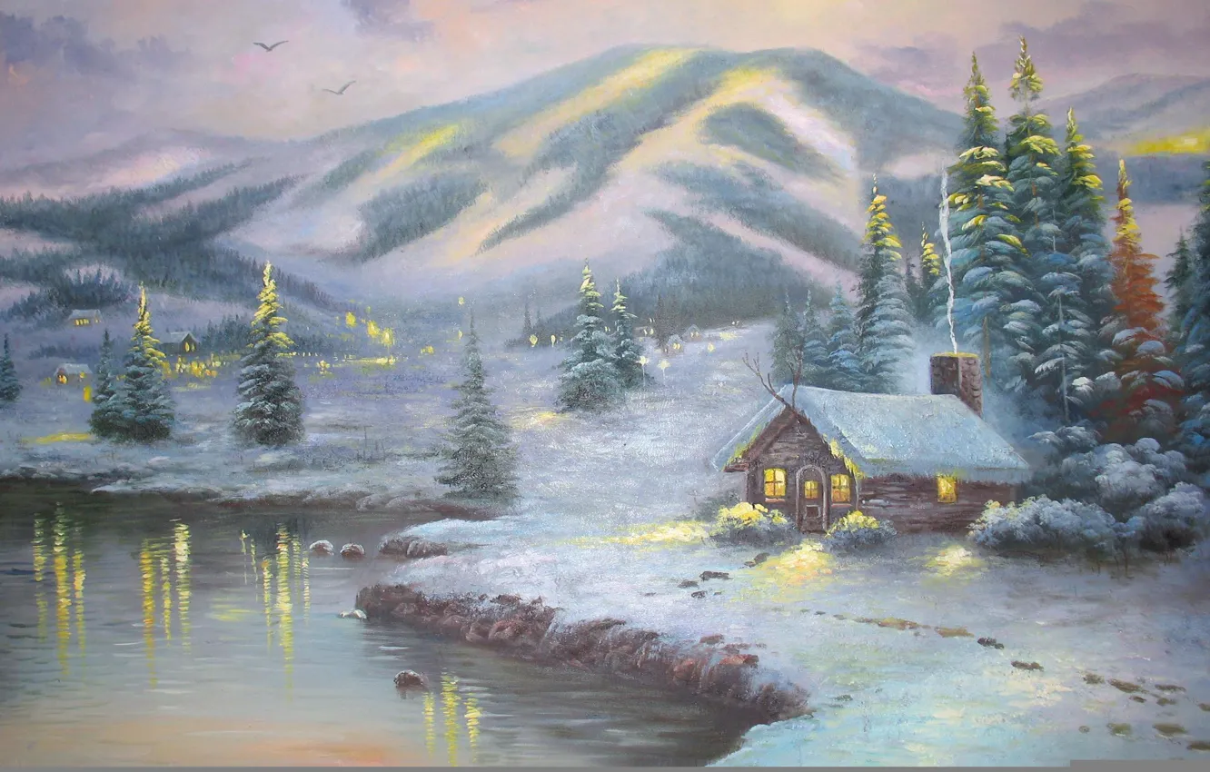 Фото обои зима, снег, пейзаж, огни, озеро, зимний, гора, ель