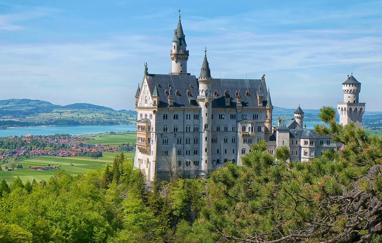 Фото обои озеро, замок, Германия, долина, Бавария, панорама, Germany, Bavaria