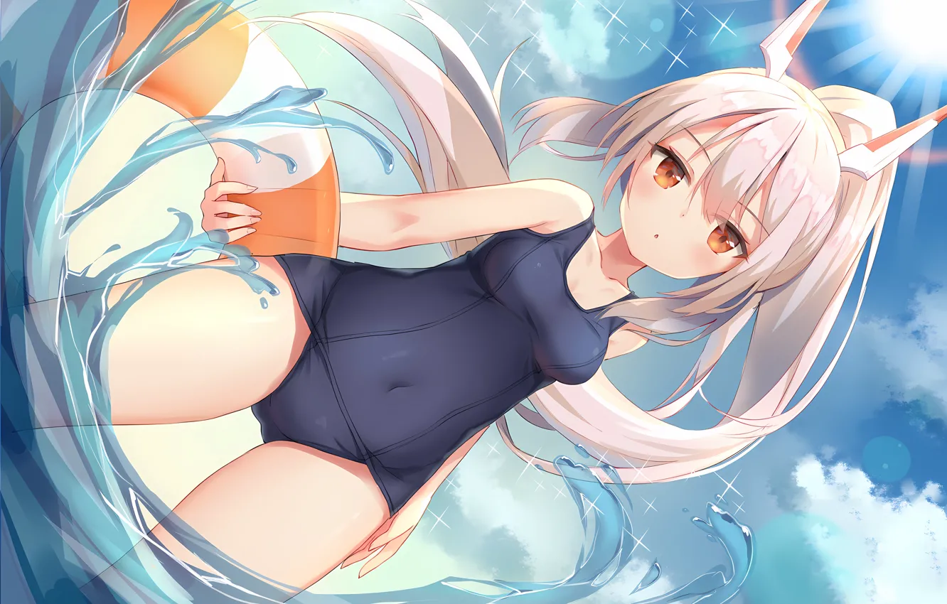 Фото обои girl, sexy, sky, long hair, sea, brown eyes, boobs, anime