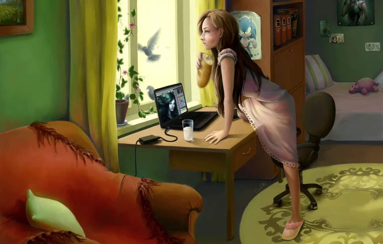 Фото обои компьютер, девушка, комната, птица, интерьер, окно, арт, батон