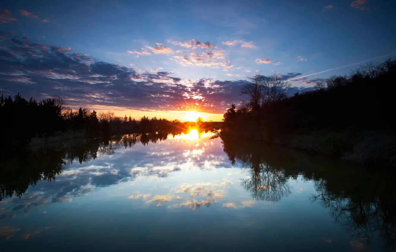 Фото обои закат, отражение, река