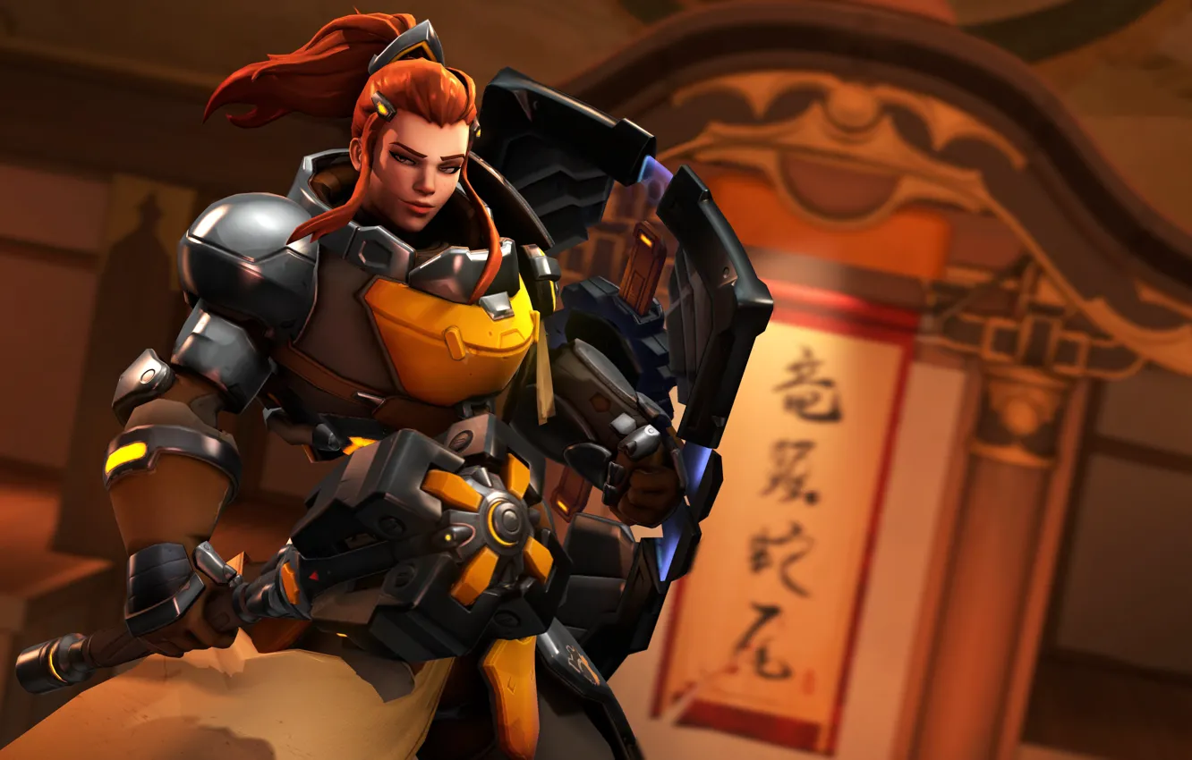 Фото обои взгляд, девушка, рыжая, щит, Overwatch, Brigitte Lindholm