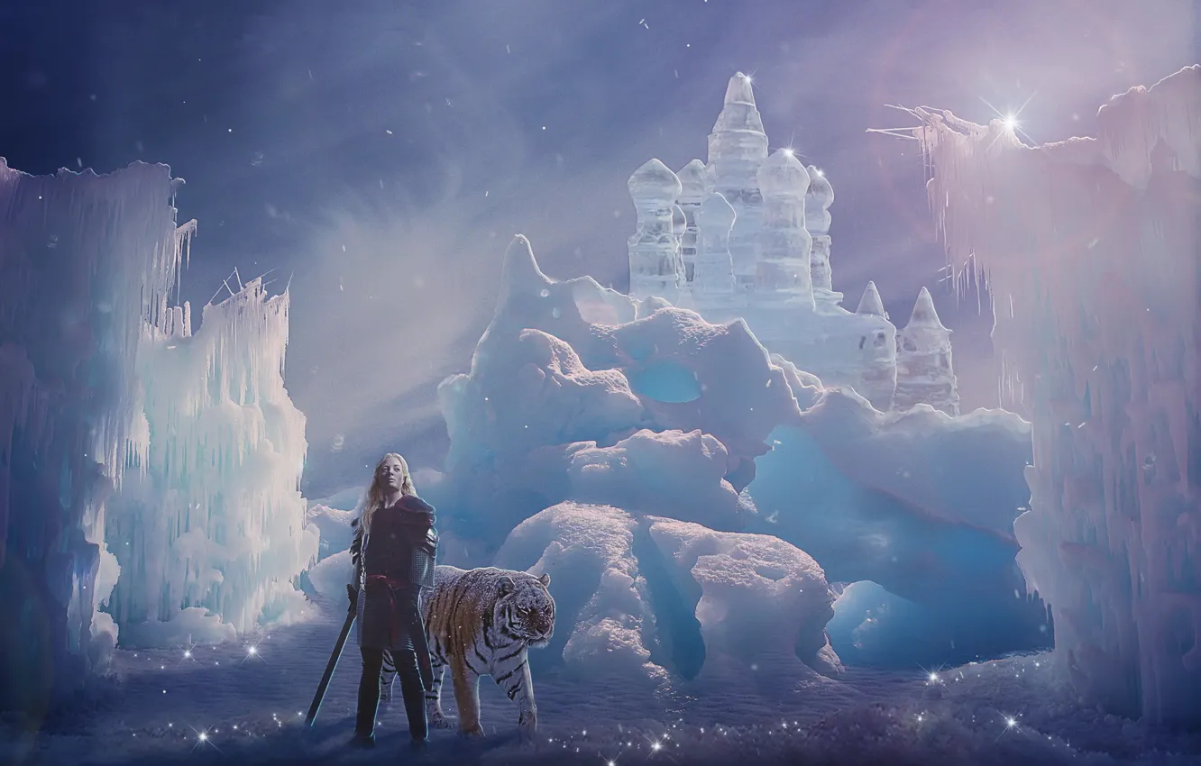 Фото обои девушка, снег, тигр, замок, фотошоп, меч, фотоарт, ледяной замок