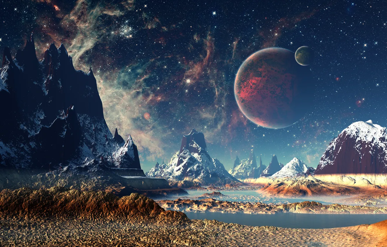 Фото обои горы, ночь, планеты, звёзды, dreamworld