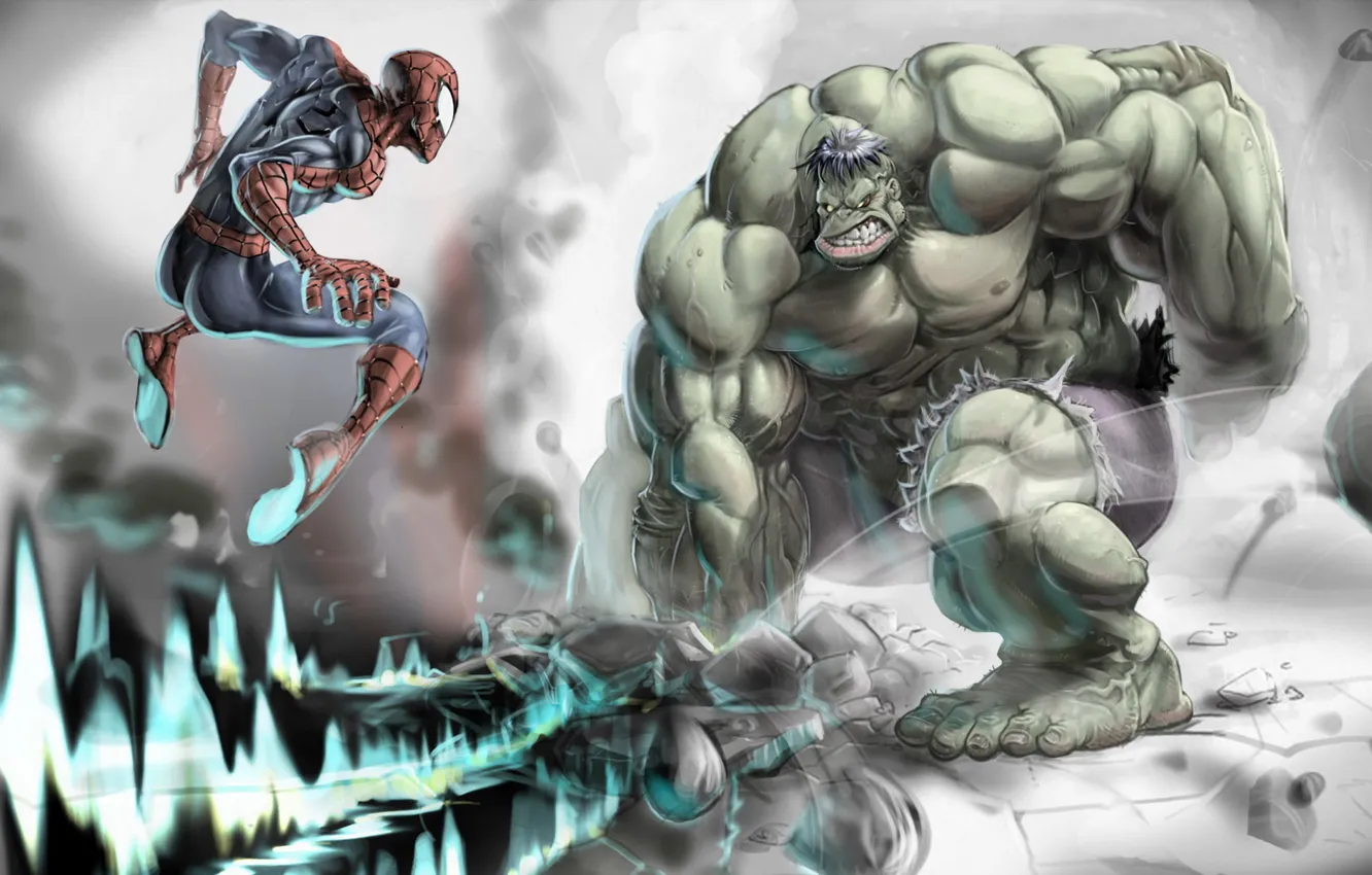Фото обои камни, прыжок, волна, Халк, Hulk, кулак, Spider-man, Человек-паук