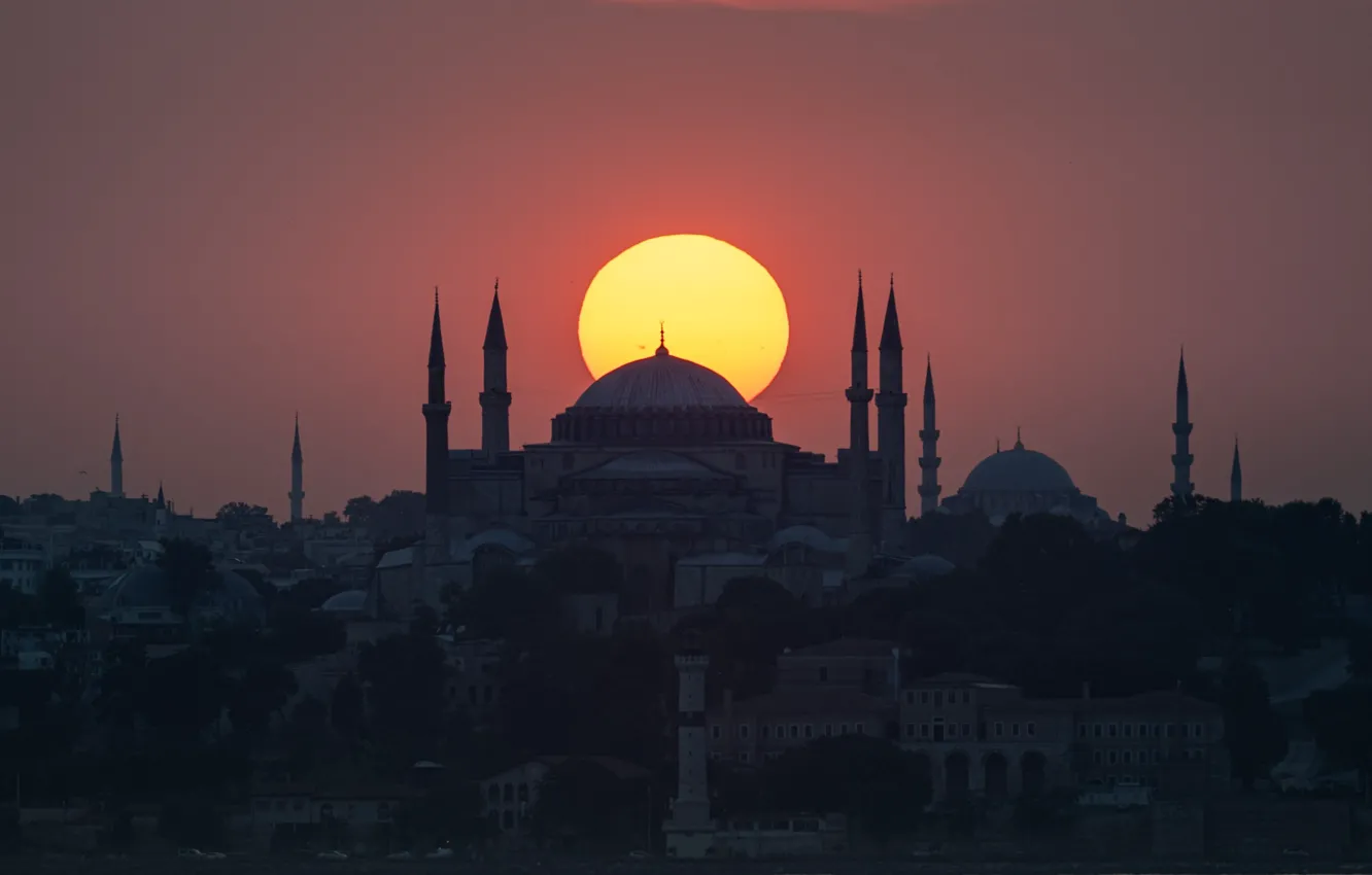 Фото обои sunset, mosque, istanbul, hagia sophia