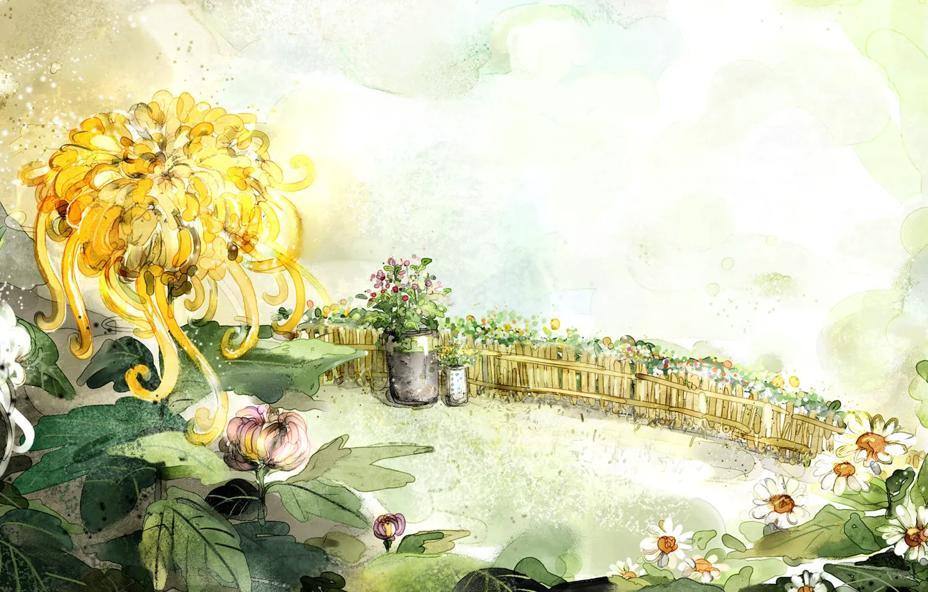 Фото обои цветы, рисунок, забор, ромашки, ведро, хризантемы