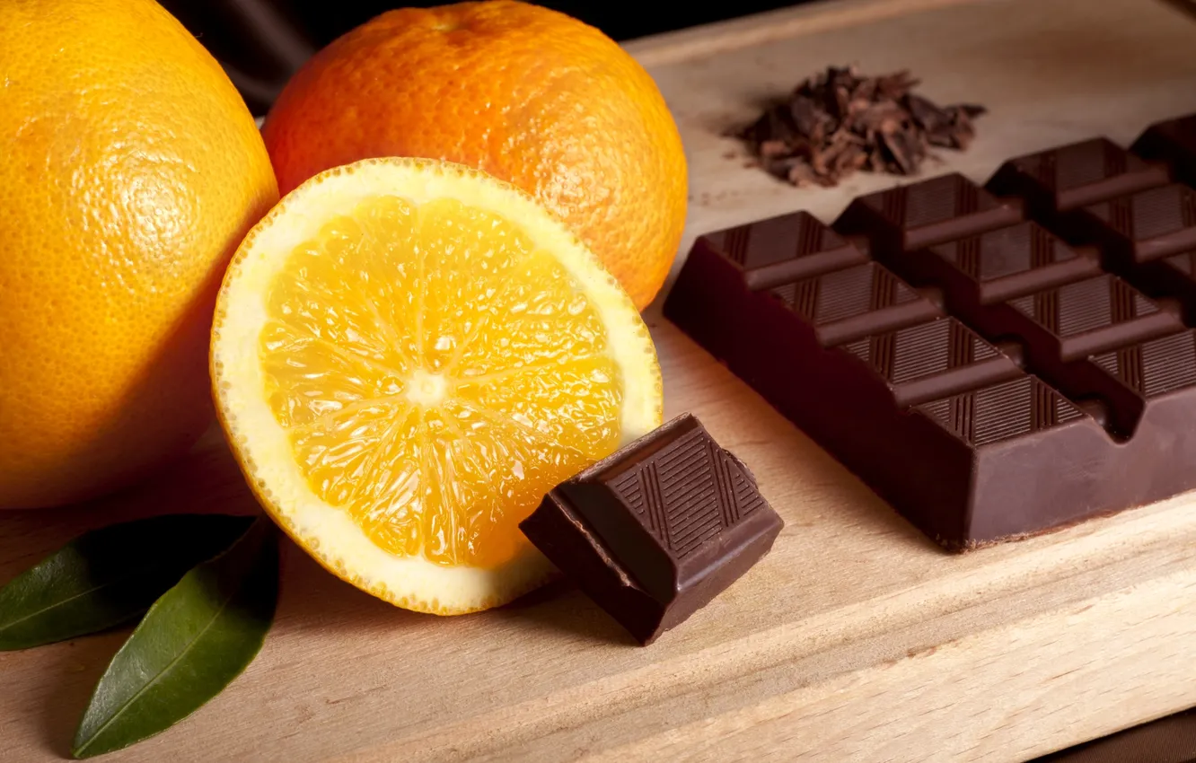 Фото обои плитка, апельсин, шоколад, листочки, дольки, orange, chocolate