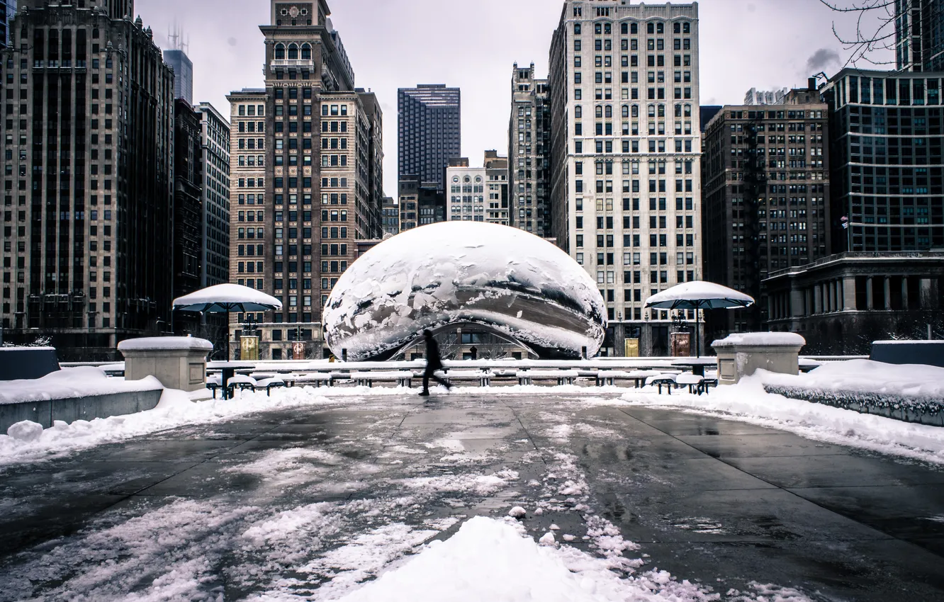 Фото обои зима, снег, парк, здания, америка, чикаго, Chicago, сша