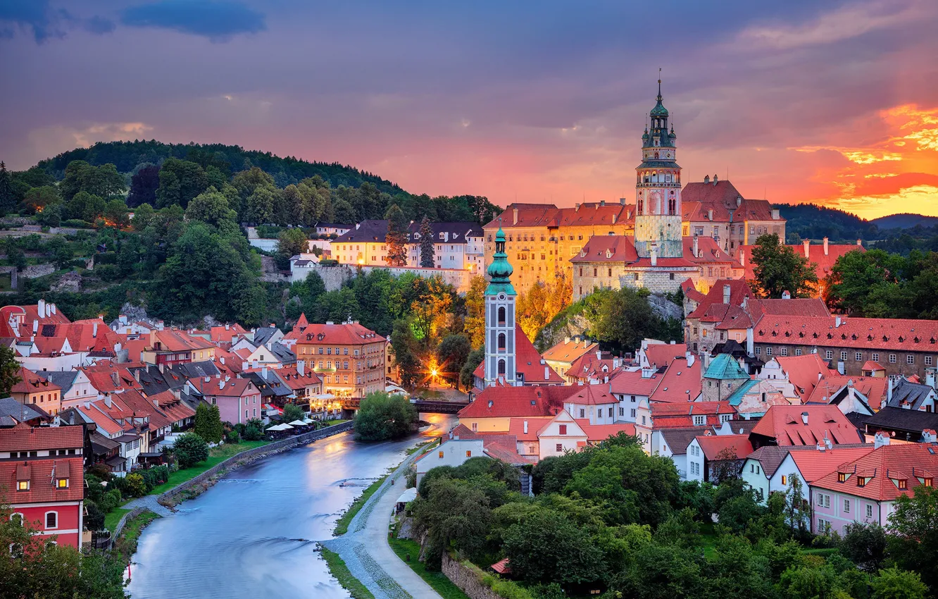 Фото обои закат, река, здания, дома, Чехия, Czech Republic, Vltava River, Český Krumlov