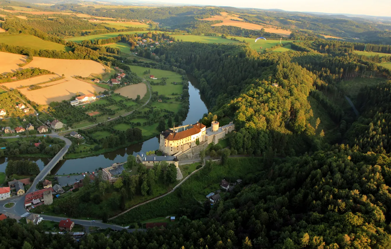 Фото обои лес, горы, мост, природа, река, замок, дома, Чехия