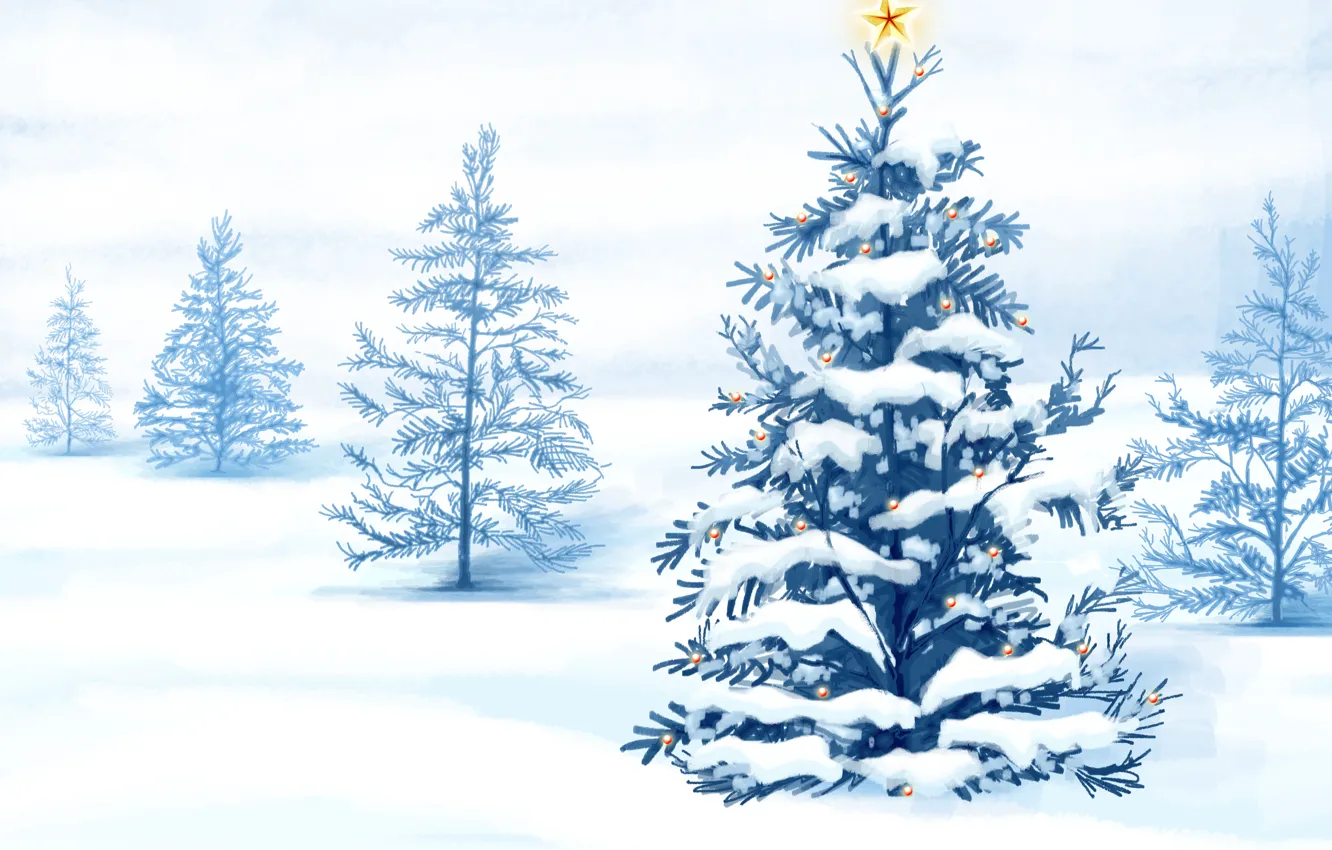 Фото обои зима, снег, рисунок, новый год, Елка