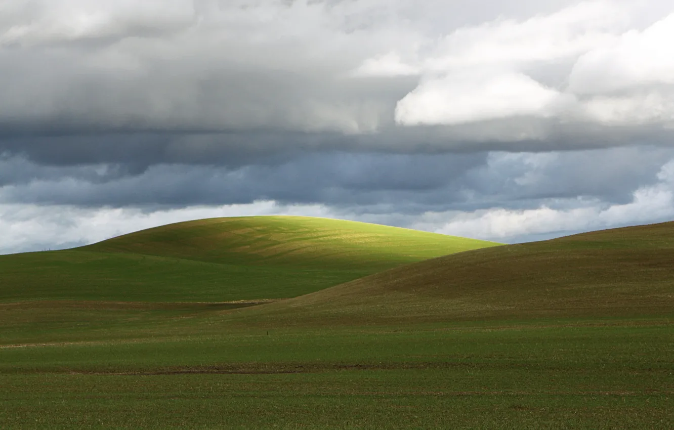 Фото обои green, clouds, hills, farmland, countryside scene