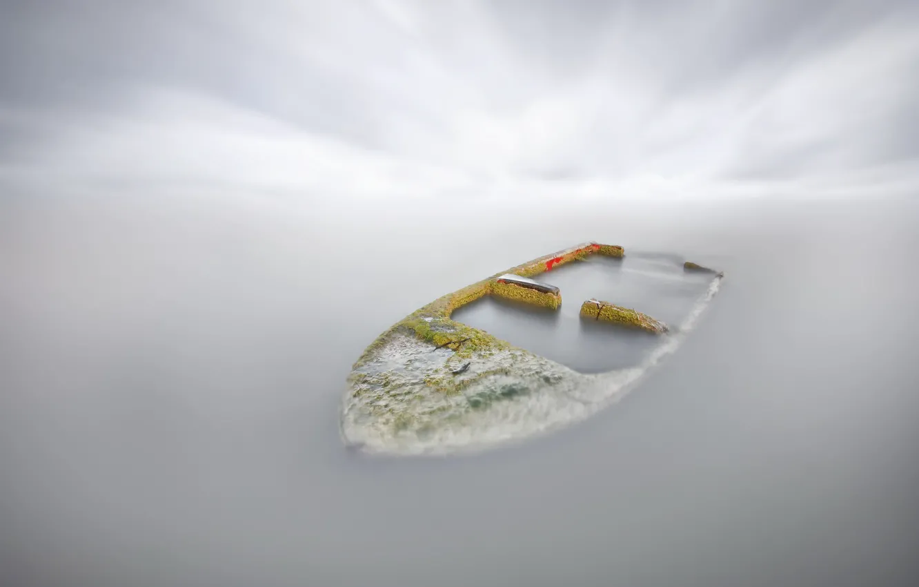 Фото обои природа, туман, озеро, лодка