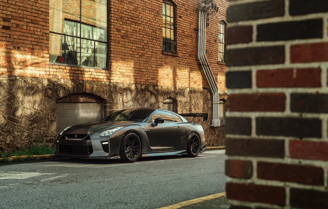 Фото обои Nissan, Grey, Side, R35, Building, Road, Nissan GTR