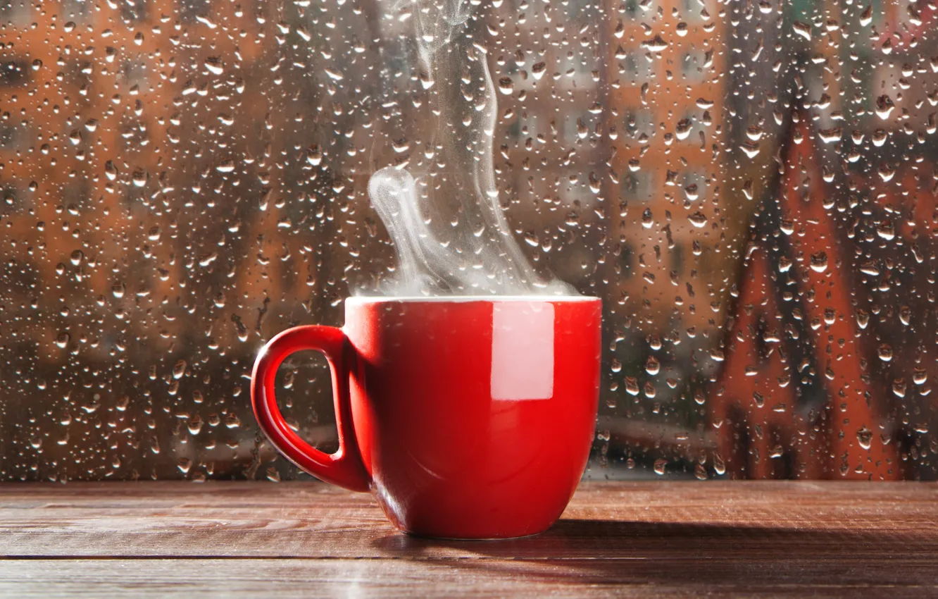 Фото обои стекло, капли, дождь, чашка, дымок