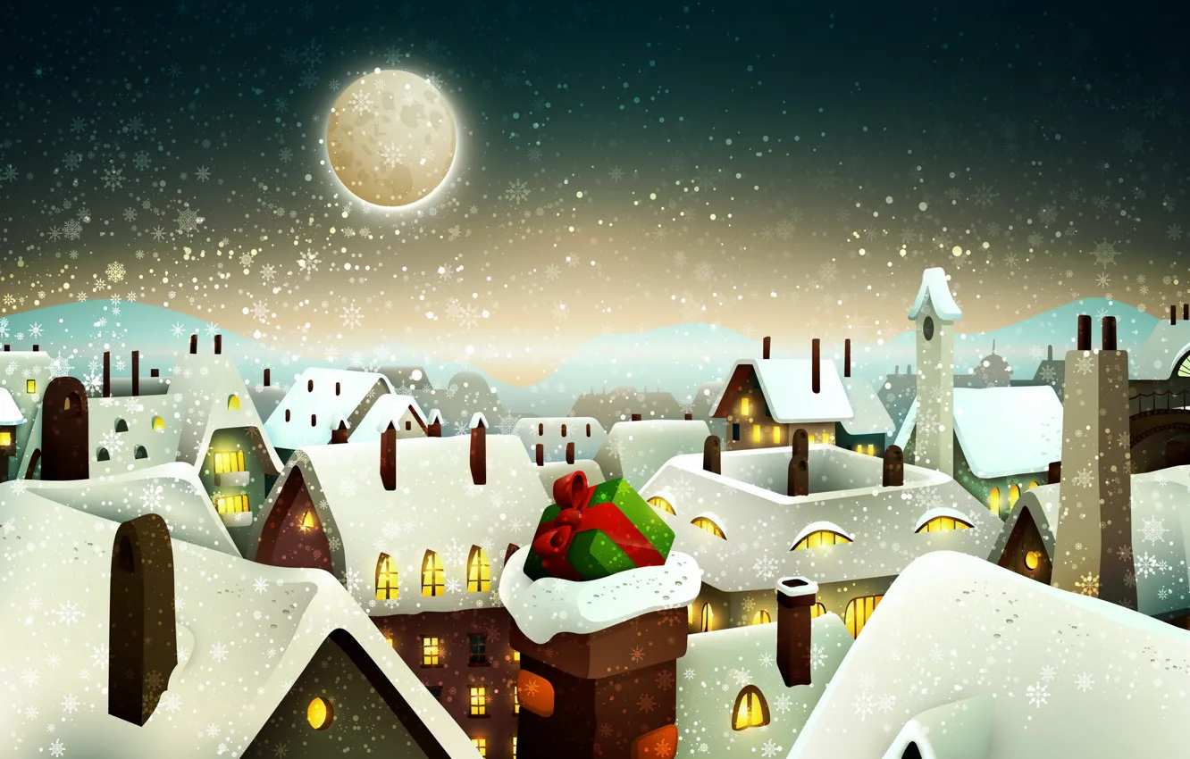 Фото обои снег, город, подарок, окна, дома, Зима, Луна