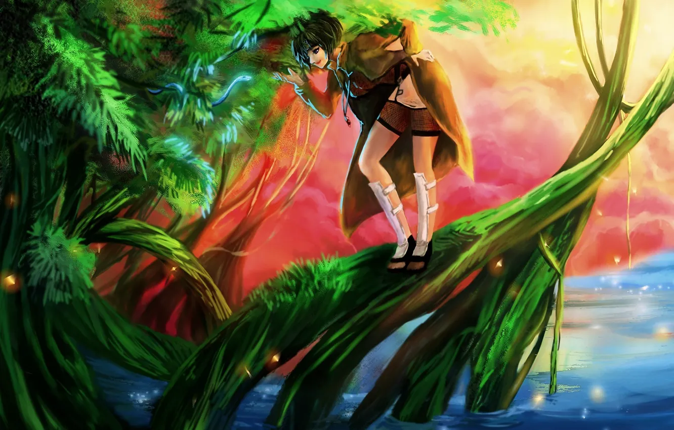 Фото обои вода, девушка, озеро, дерево, магия, змея, арт, naruto