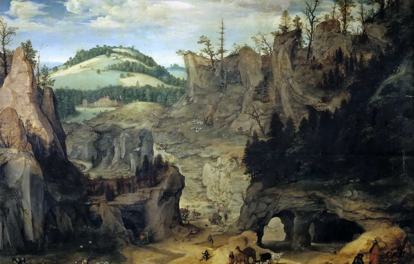Фото обои деревья, горы, люди, скалы, картина, Пейзаж с Пастухами, Cornelis van Dalem