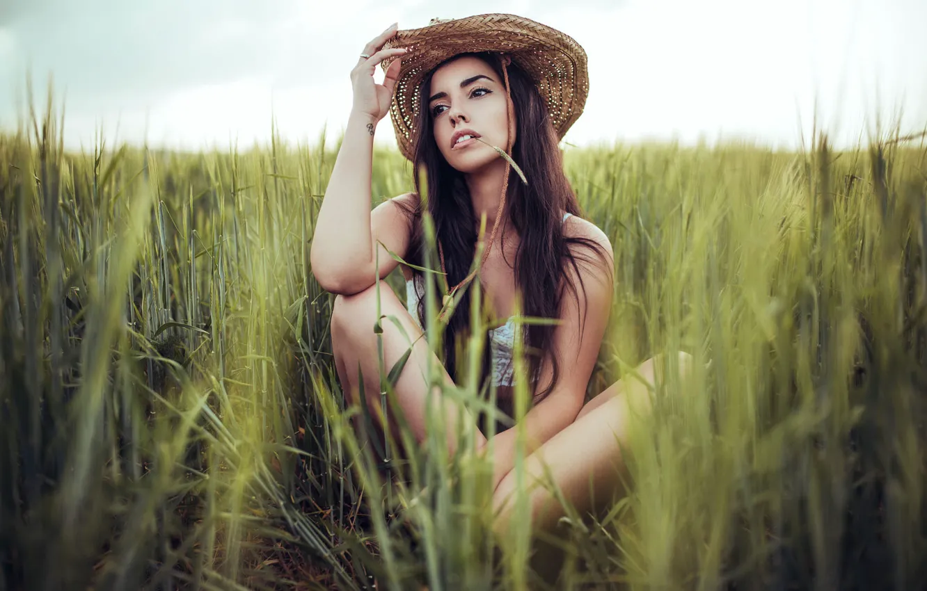 Фото обои поле, трава, девушка, природа, поза, шляпа, брюнетка, Borislav Georgiev