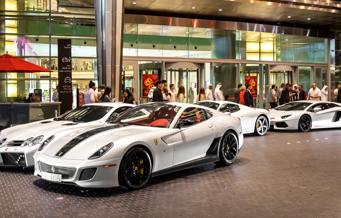 Фото обои Ferrari 458 Italia, Lamborghini Aventador, Ferrari 599 GTB, Mercedes-Benz SLR