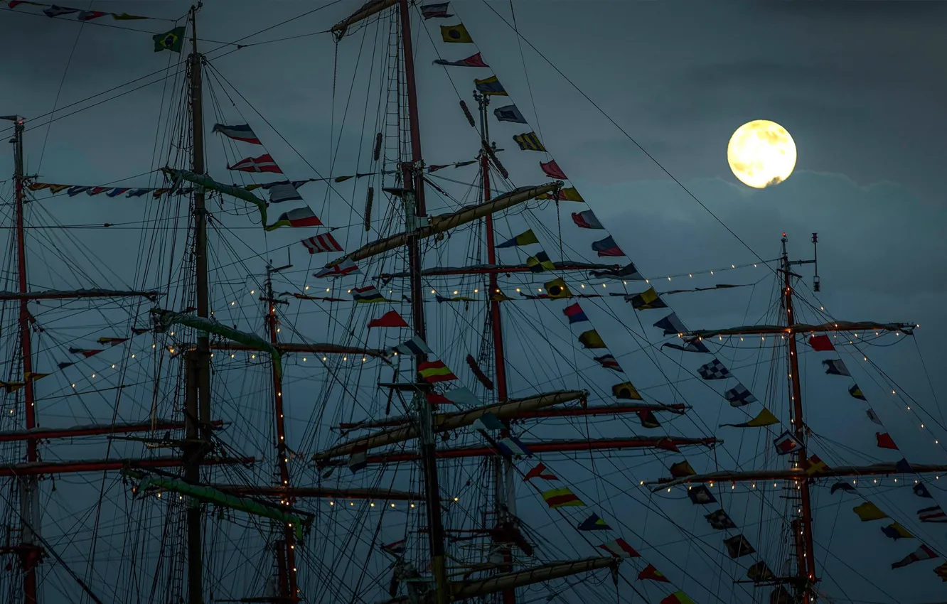 Фото обои ночь, луна, яхты, мачты