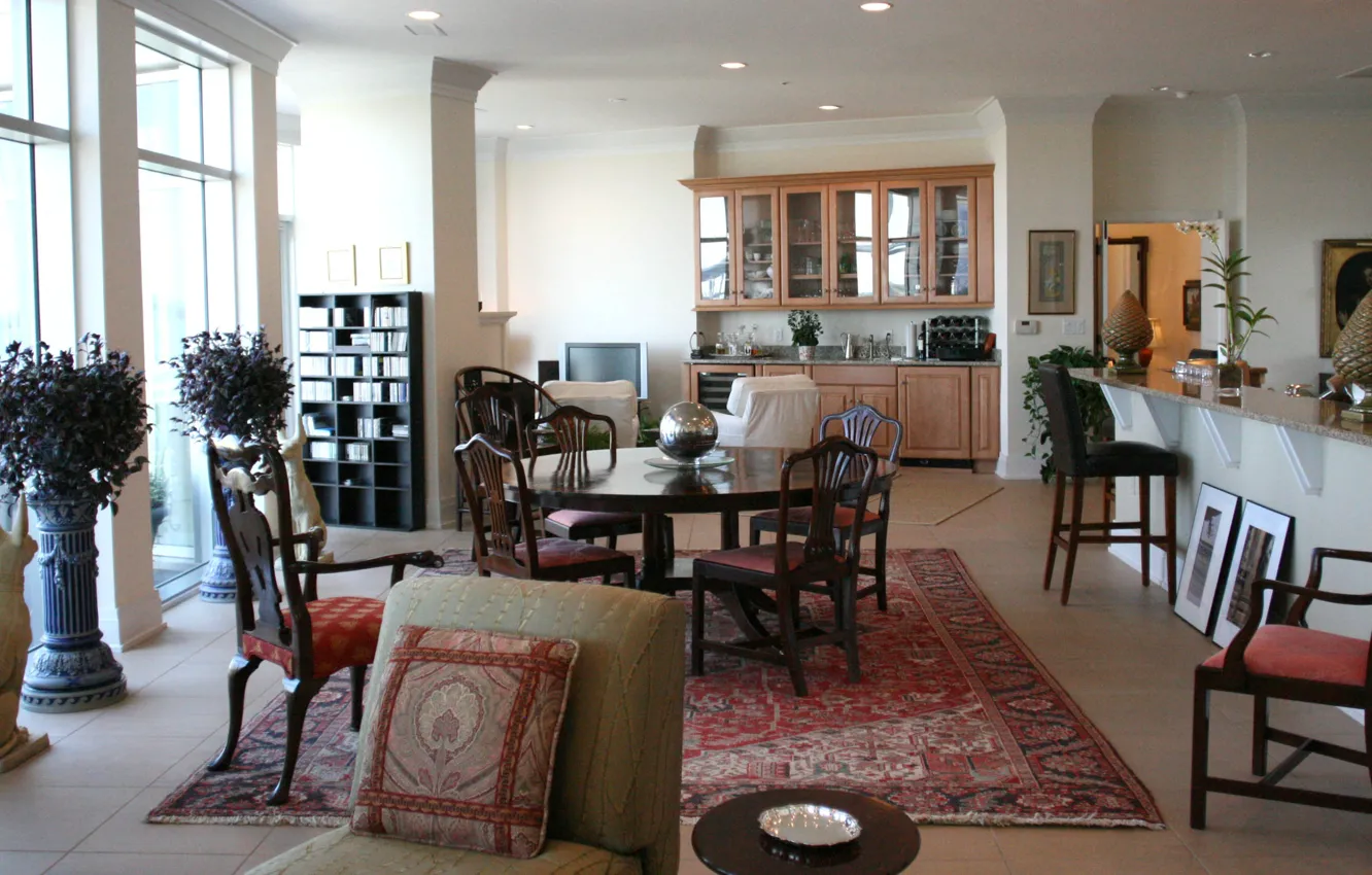 Фото обои house, interior, red carpet, vintage table, kitchen with dining room