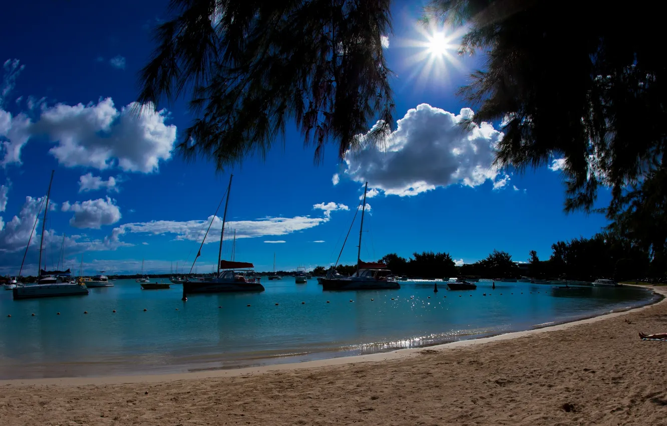 Фото обои пляж, океан, яхты, лодки, катера, лагуна, Маврикий, Mauritius