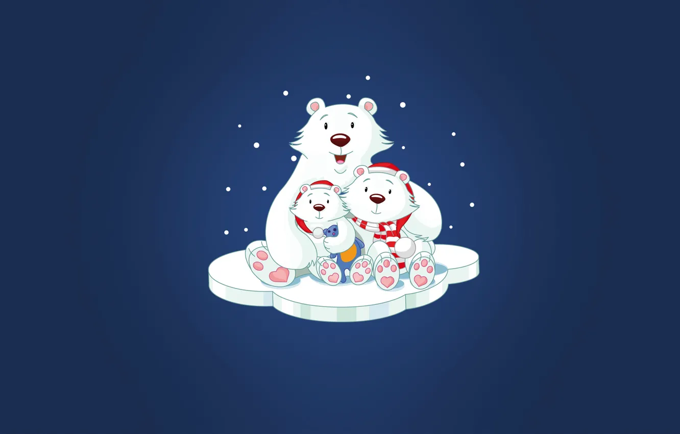 Фото обои Зима, Минимализм, Фон, Новый год, Медведи, Праздник, Белые медведи, Медвежата