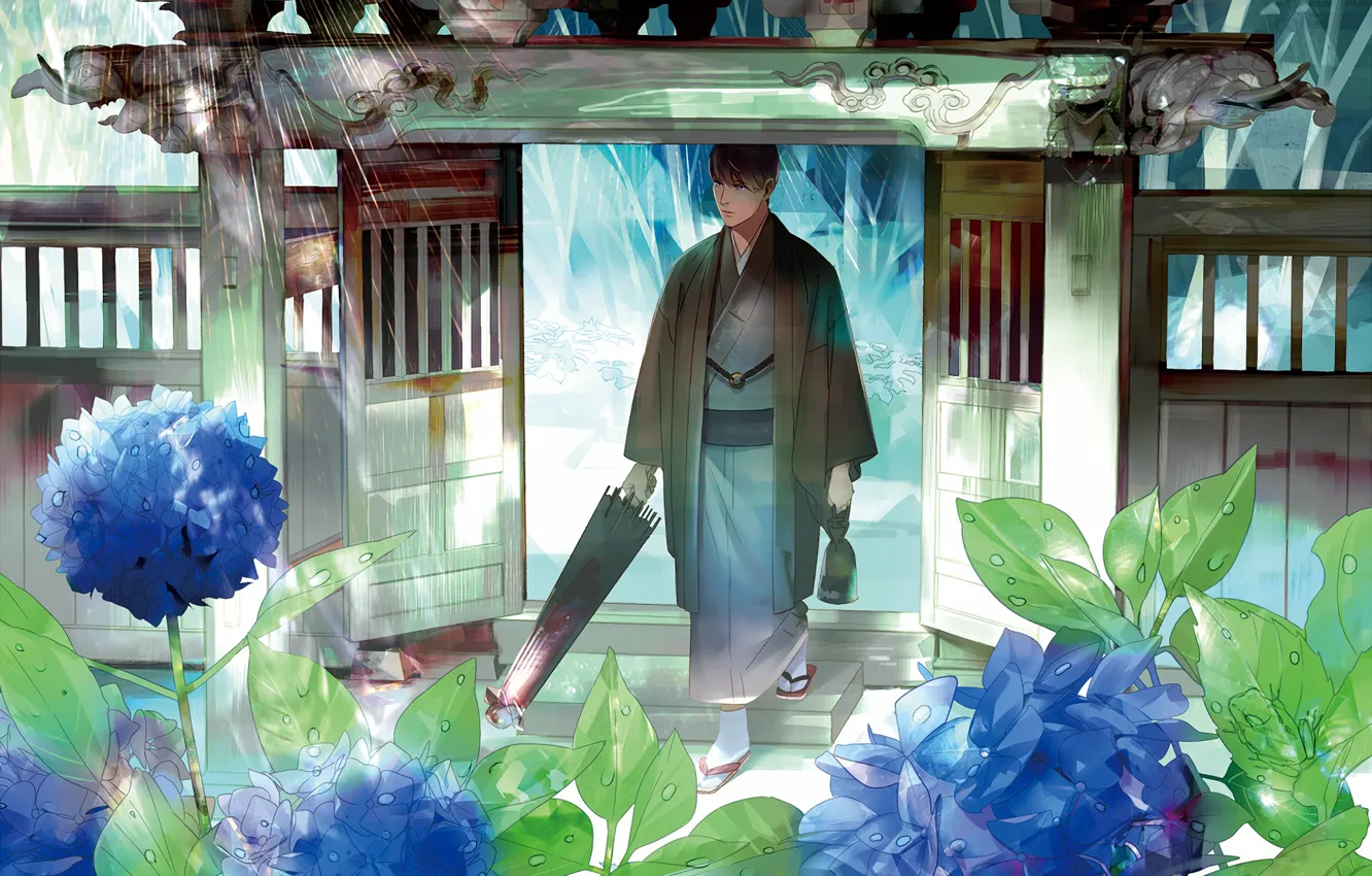 Фото обои цветы, парень, кимоно