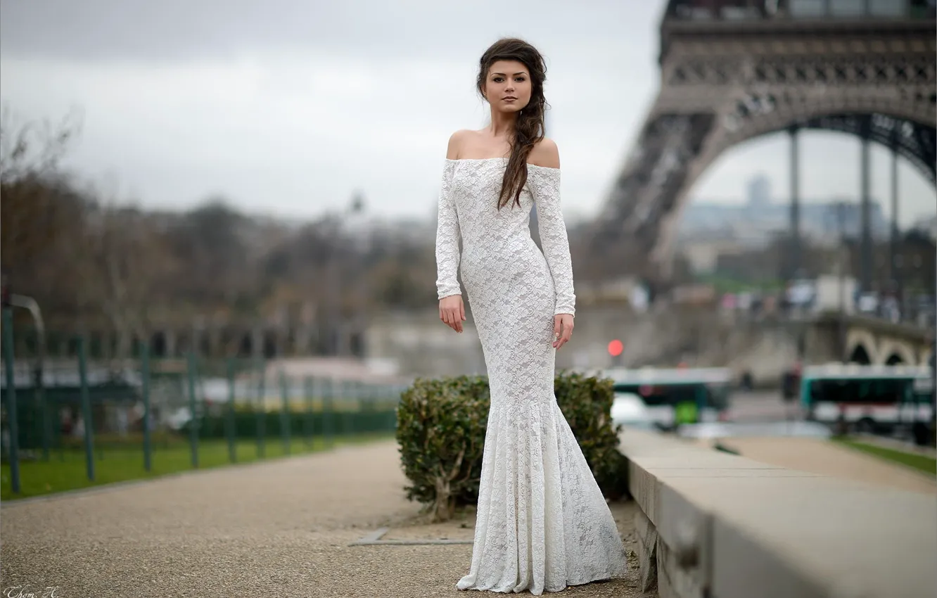Фото обои взгляд, город, Париж, платье, Эйфелева башня